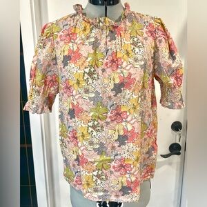 J. Crew Liberty Floral Cotton High Neck Ruffle short sleeve top, XS